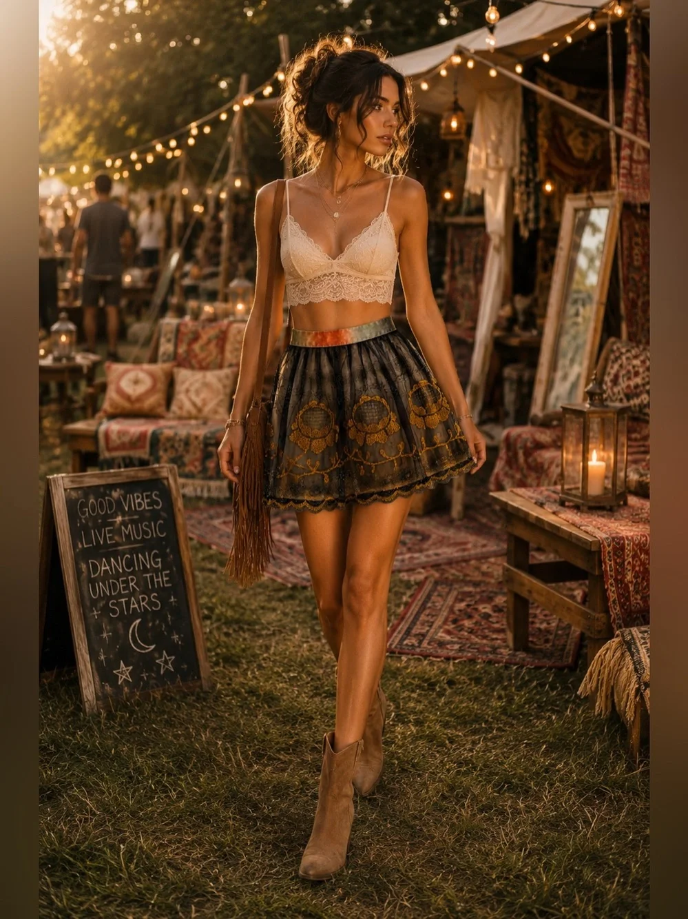 Free People Gold Floral Layered Embroidered Mesh Skirt Boho Whimsigoth Fairycore